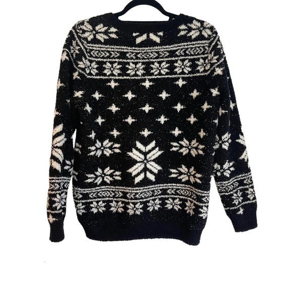 Barefoot Dreams CozyChic Black Seaside Crew-Neck Pullover Fair Isle Size M - Picture 7 of 12